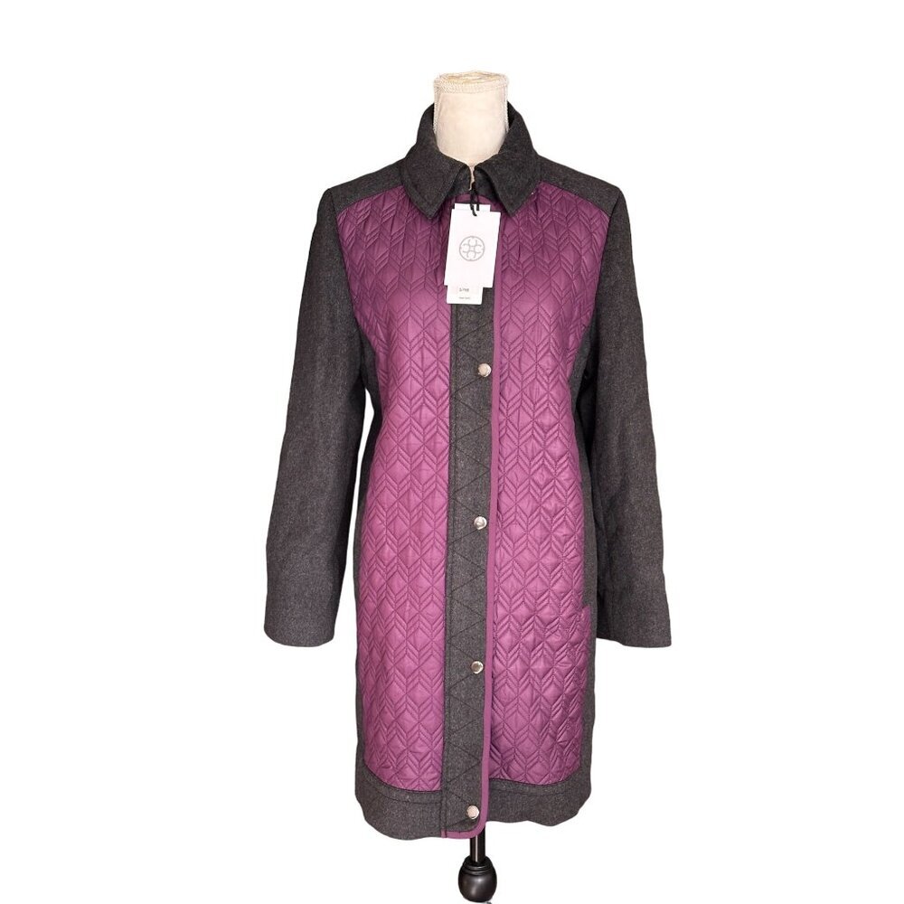 Per Se By Carlisle Quilted Coat Size 10 Purple & Gray Long Sleeve Button Closure